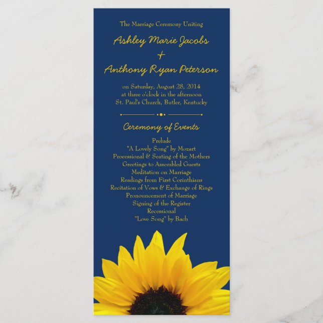 Yellow Sunflower Blume Navy Blue Wedding Program Programm (Vorderseite)