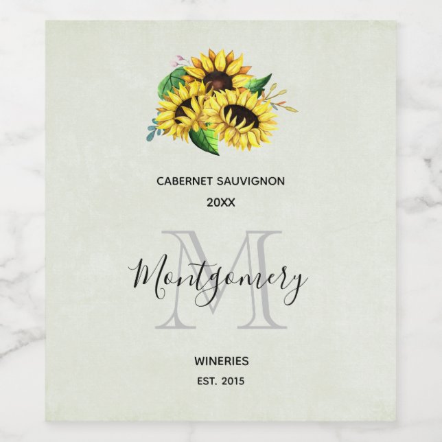 Yellow Sunflower Bouquet Im Fünfspänner über den G Weinetikett (Einzelnes Label)