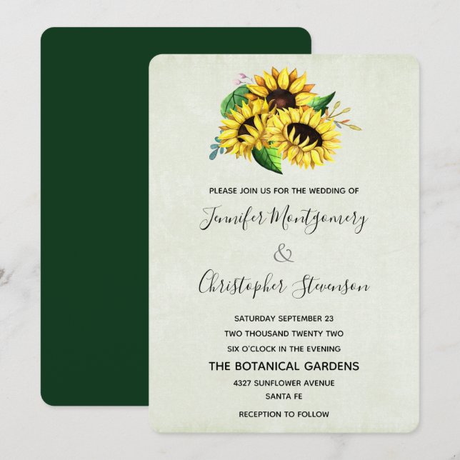 Yellow Sunflower Bouquet in Watercolor Wedding Einladung (Vorne/Hinten)