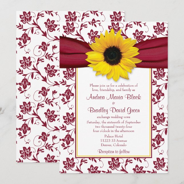 Yellow Sunflower Burgundy Damask Wedding Einladung (Vorne/Hinten)