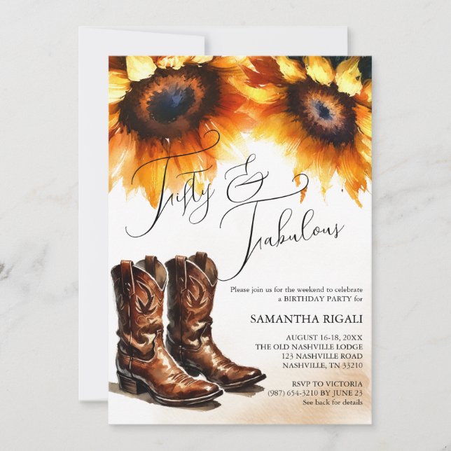 Yellow Sunflower Cowboy Boots 50. Geburtstag Einladung (Vorderseite)