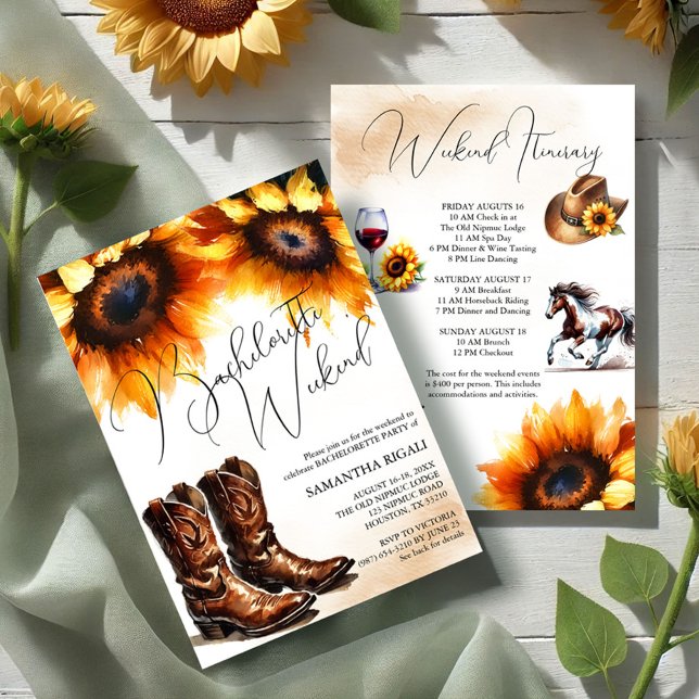 Yellow Sunflower Cowboy Boots Bachelorette Weekend Einladung (Bachelorette weekend itinerary invitations country sunflowers, cowboy boots, hat, horse and wine art)