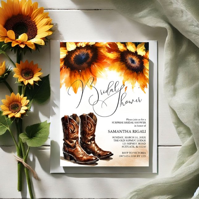 Yellow Sunflower Cowboy Boots Brautparty Einladung (Bridal shower invitations watercolor sunflowers and cowboy boots )