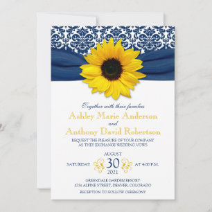 Yellow Sunflower Navy Blue Damask Ribbon Wedding Einladung