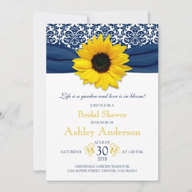 Yellow Sunflower Navy Damask Brautparty Einladung (Vorderseite)