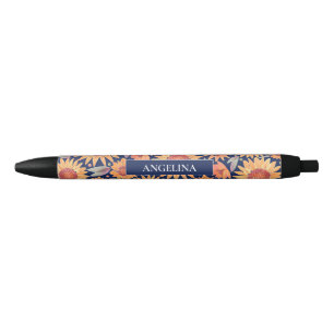 Yellow Sunflower Pattern Navy Blue Personalisiert Kugelschreiber