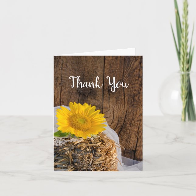 Yellow Sunflower und Barn Wood Wedding Vielen Dank Dankeskarte (Vorderseite)