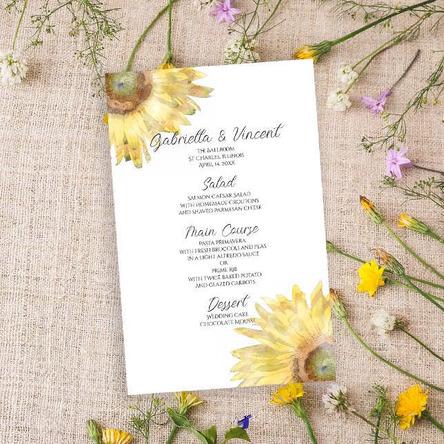 Yellow Sunflower Watercolor Menu Mariage (Créateur téléchargé)