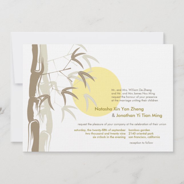 Yellow Sunrise Bamboo Garden Zen Asian Wedding Einladung (Vorderseite)