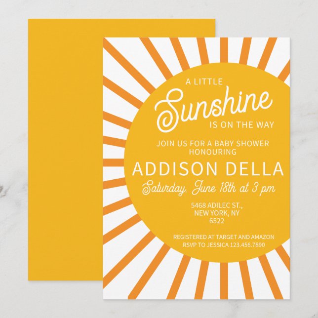 Yellow Sunshine Baby Dusche Einladung (Vorne/Hinten)