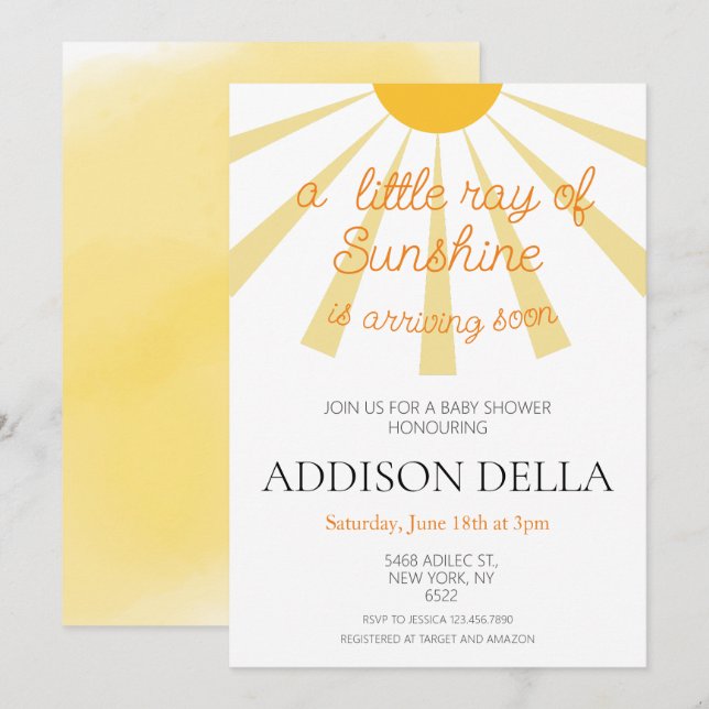 Yellow Sunshine Baby Dusche Einladung (Vorne/Hinten)