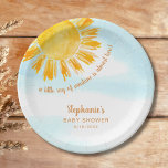 Yellow Sunshine Boho Babydusche Pappteller<br><div class="desc">Diese Babyduschpapier-Teller haben den Text "Ein kleiner Sonnenstrahl ist fast hier!" mit einer Aquarellgelben und blauem Himmel. Ideal für eine geschlechtsneutrale Babydusche. Einfach anpassbar. Ändern Sie mithilfe des Entwurfstools die Textgröße, den Stil oder die Farbe. Weil wir unsere Kunstwerke erstellen, werden Sie dieses exakte Bild von anderen Designern nicht finden....</div>
