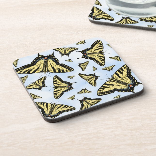 Yellow Swallowtail Butterflies Blue Sky Custom Getränkeuntersetzer (Linke Seite)