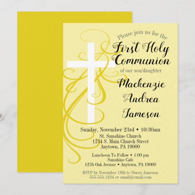 Yellow Swirl Première Sainte Communion Invitation (Devant / Derrière)