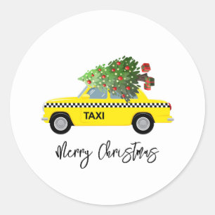 Yellow Taxi Cab Merry Christmas Tree Holiday Fun Runder Aufkleber
