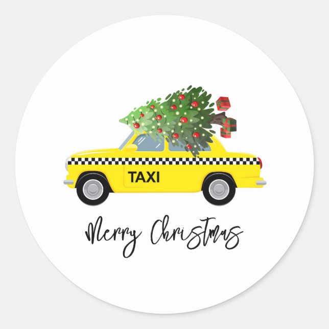 Yellow Taxi Cab Merry Christmas Tree Holiday Fun Runder Aufkleber (Vorderseite)