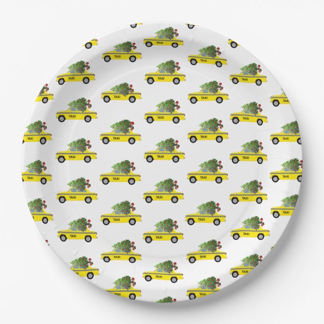 Yellow Taxi Cab Weihnachtsbaum Festlicher Urlaub N Pappteller (Vorderseite)
