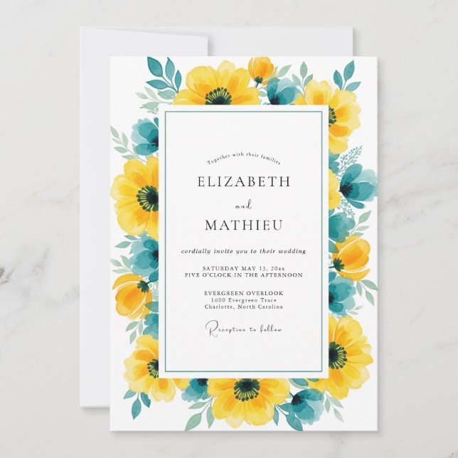 Yellow Teal Pristine Summer Wedding Einladung (Vorderseite)