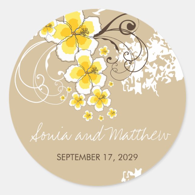 Yellow Tropical Hibiskus Beach Hochzeitsticker Runder Aufkleber (Vorderseite)