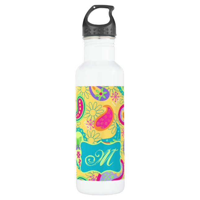 Yellow Turquoise Modern Pasley Pattern Monogram Trinkflasche (Vorderseite)