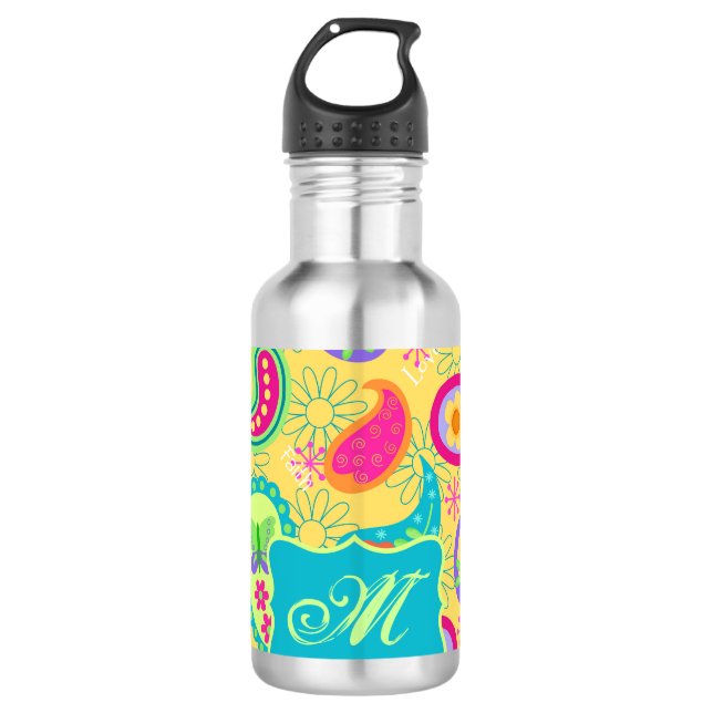 Yellow Turquoise Modern Pasley Pattern Monogram Trinkflasche (Vorderseite)