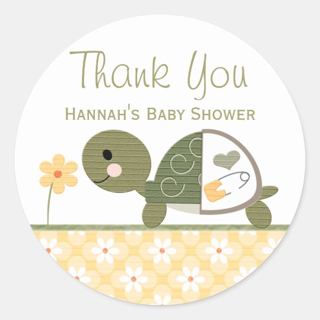 Yellow Turtle in Diapers Babydusche Danke Runder Aufkleber (Vorderseite)