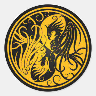 Yellow und Black Yin Yang Phoenix Runder Aufkleber