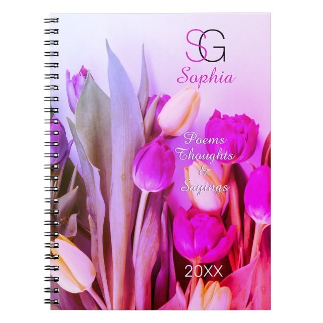 Yellow Violet Pink Tulips Name Monogram Title Year Notizblock (Vorderseite)