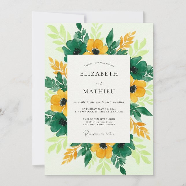 Yellow Vivid Botanical Spring Wedding Einladung (Vorderseite)