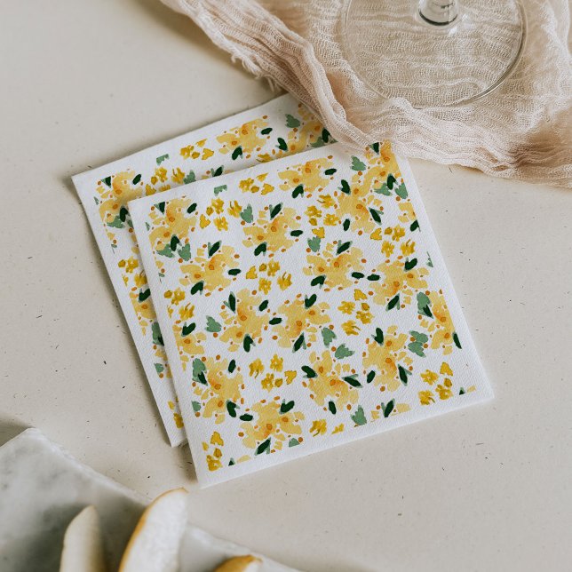 Yellow Watercolor Blumengarten Napkins Serviette (Yellow floral garden paper party napkins.)