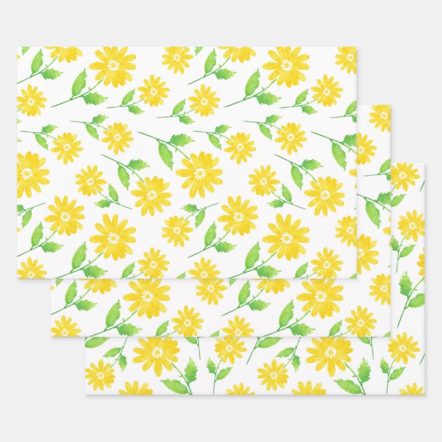 Yellow Watercolor Daisy Stems Muster Geschenkpapier Set (Set)
