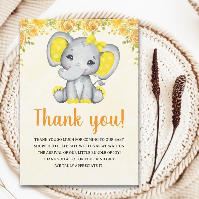 Yellow Watercolor Elephant Baby shower Girl Dankeskarte (Von Creator hochgeladen)