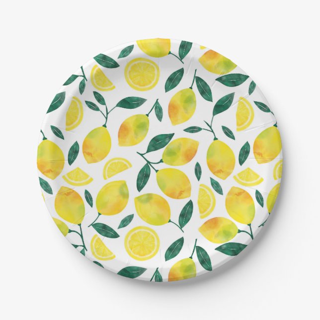 Yellow Watercolor Lemon Muster Pappteller (Vorderseite)