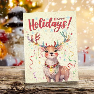 Yellow Watercolor Niedliche Weihnachtsleuchten Ren Postkarte