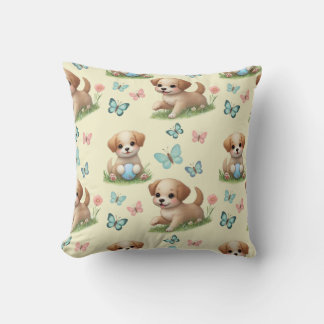  Yellow Watercolor Puppies and Butterflies Kissen