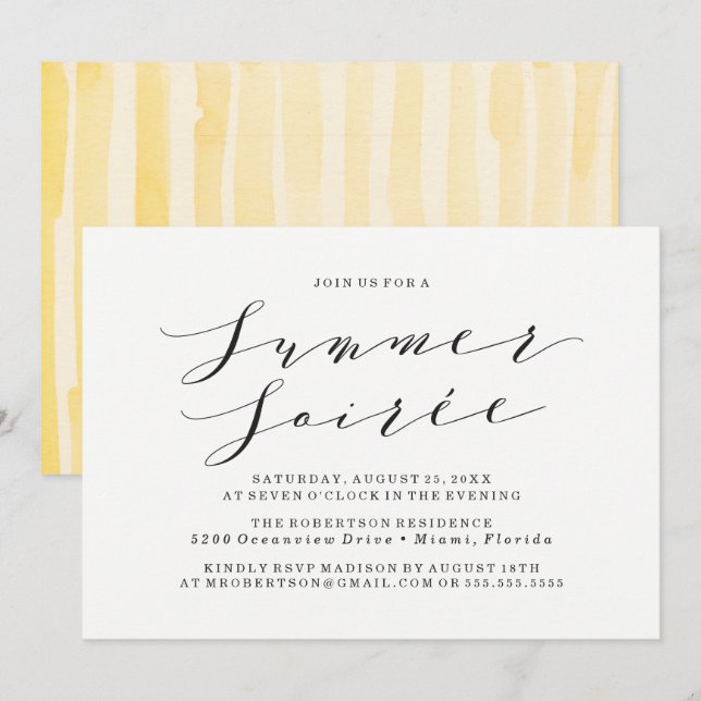 Yellow Watercolor Summer Soiree Party Einladung (Vorne/Hinten)