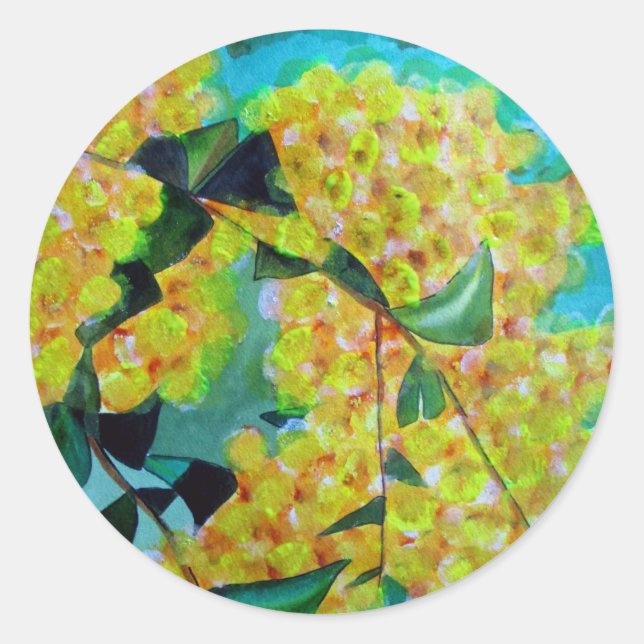 Yellow Wattle, australische Blume Runder Aufkleber (Vorderseite)