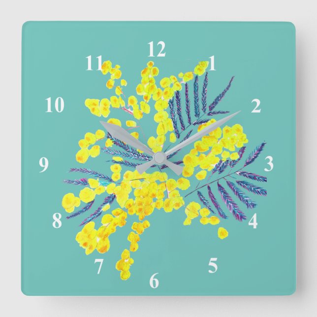 Yellow Wattle Mimosa Australian flower art Quadratische Wanduhr (Vorderseite)