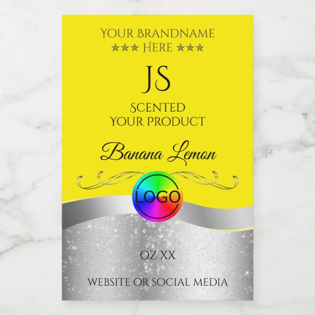 Yellow Wavy Silver Logo Monogramme Étiquette produ (Étiquettes simples)