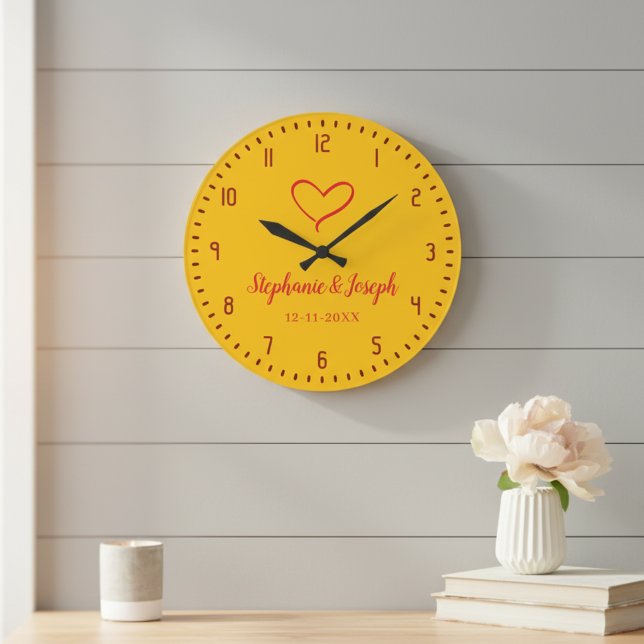 Yellow Wedding or Anniversary Gift Clock  Große Wanduhr (Wedding or Anniversary gift idea: personalized romantic wall clock.)