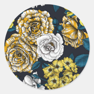Yellow, White and Bi-Color Rosa with Blue Leaves Runder Aufkleber