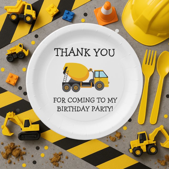 Yellow White Cement Truck Kind's Birthday Dank Pappteller (Construction birthday party paper plates)