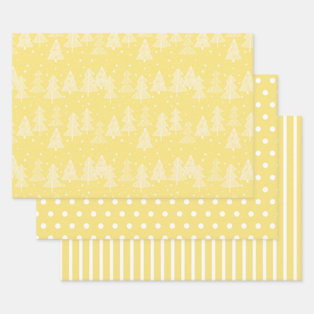 Yellow White Christmas Trees Polka Dots Strip Geschenkpapier Set (Set)
