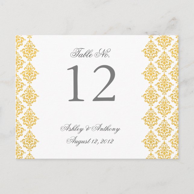 Yellow White Damask Arabesque Tischnummer Card (Vorderseite)
