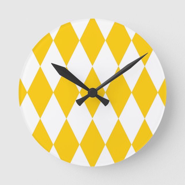 Yellow White Harlequin Diamonds Schachbretts Desig Runde Wanduhr (Vorderseite)
