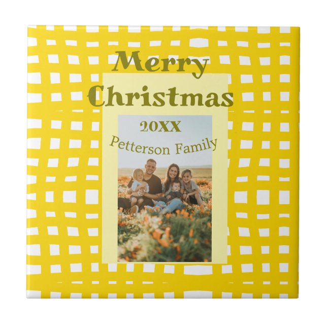 Yellow white plaid retro Christmas holiday family  Fliese (Vorderseite)