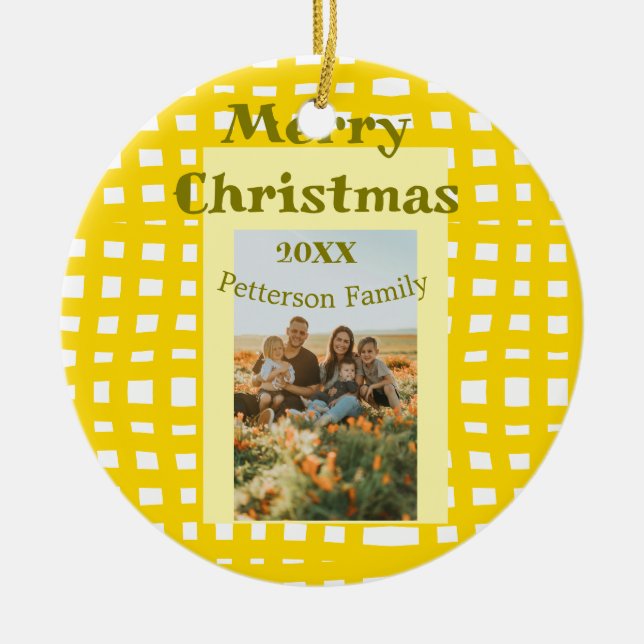 Yellow white plaid retro Christmas holiday family  Keramik Ornament (Vorne)