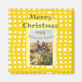 Yellow white plaid retro Christmas holiday family  Magnet