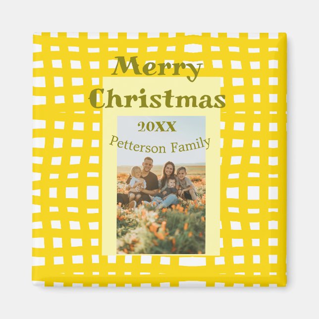 Yellow white plaid retro Christmas holiday family  Magnet (Vorne)