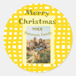Yellow white plaid retro Christmas holiday family  Runder Aufkleber